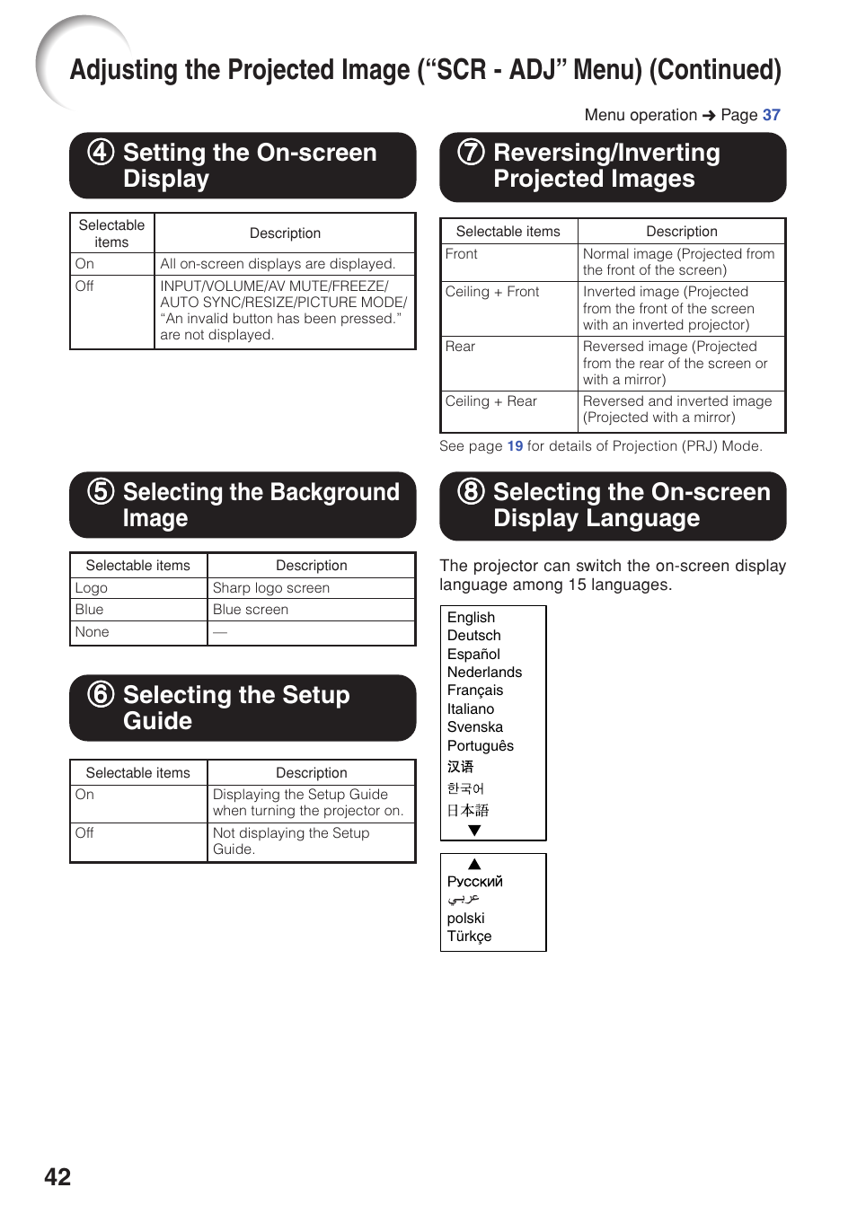 Setting the on-screen display, Selecting the background image, Selecting the setup guide | Reversing/inverting projected images, Selecting the on-screen display language, Images, Selecting the on-screen display, Language, 77 reversing/inverting projected images, 44 setting the on-screen display | Sharp XG-F210X User Manual | Page 46 / 72