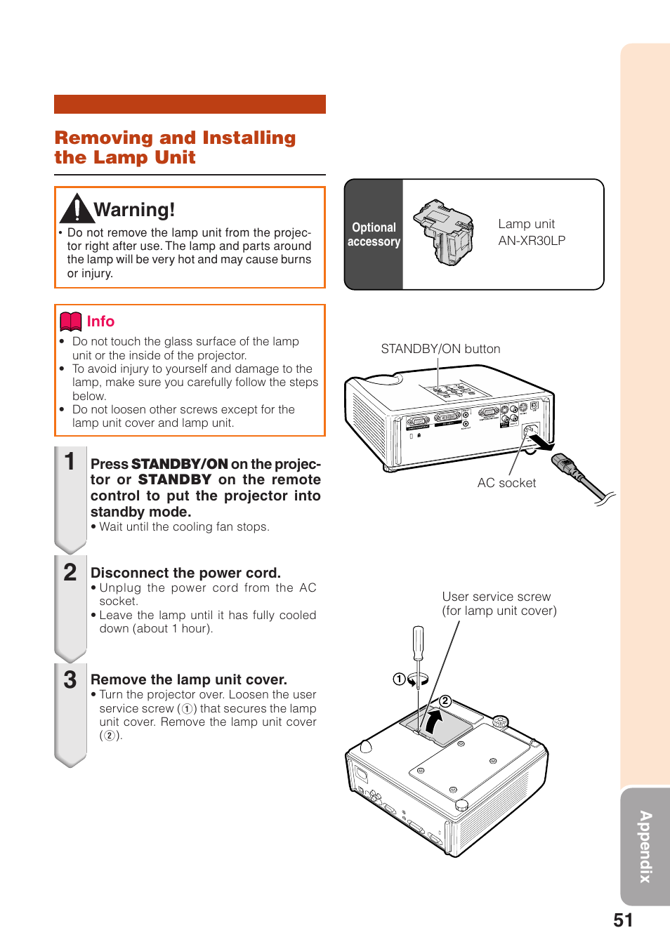Removing and installing the lamp unit, Removing and installing, The lamp unit | Warning | Sharp XG-F210X User Manual | Page 55 / 72