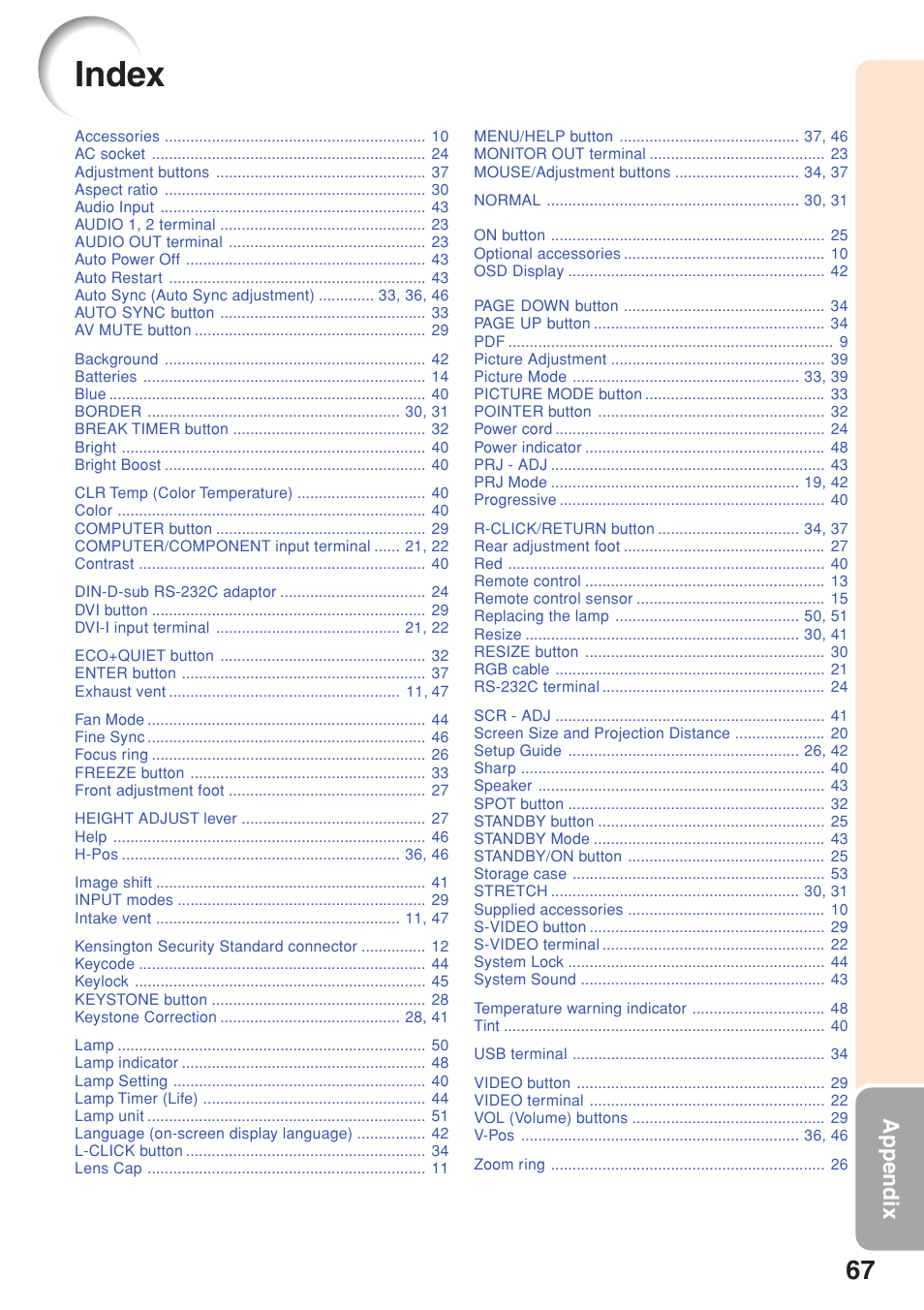 Index, Appendix | Sharp XG-F210X User Manual | Page 71 / 72