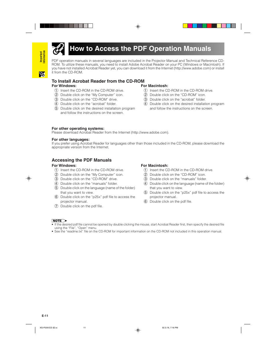 How to access the pdf operation manuals, Accessing the pdf manuals | Sharp XG-P25X User Manual | Page 14 / 80