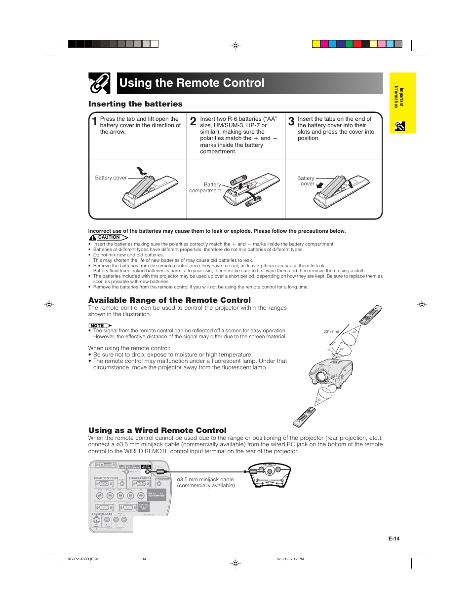 Using the remote control, Inserting the batteries, Available range of the remote control | Using as a wired remote control | Sharp XG-P25X User Manual | Page 17 / 80