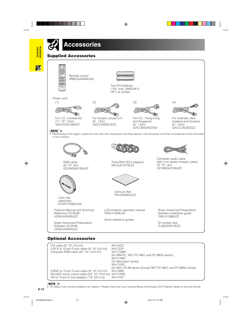 Accessories, Supplied accessories, Optional accessories | Sharp XG-P25X User Manual | Page 18 / 80