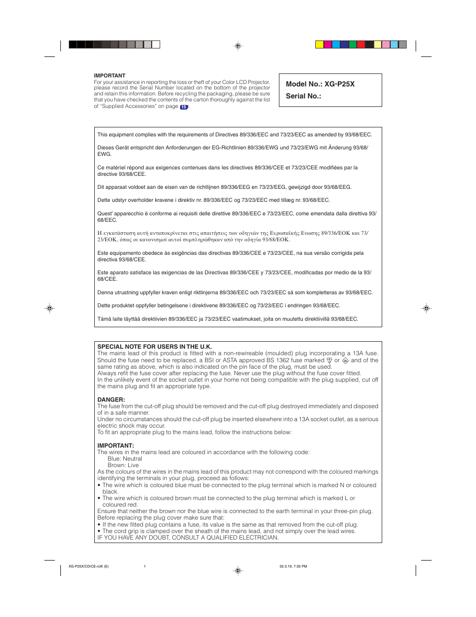Model no.: xg-p25x serial no | Sharp XG-P25X User Manual | Page 2 / 80