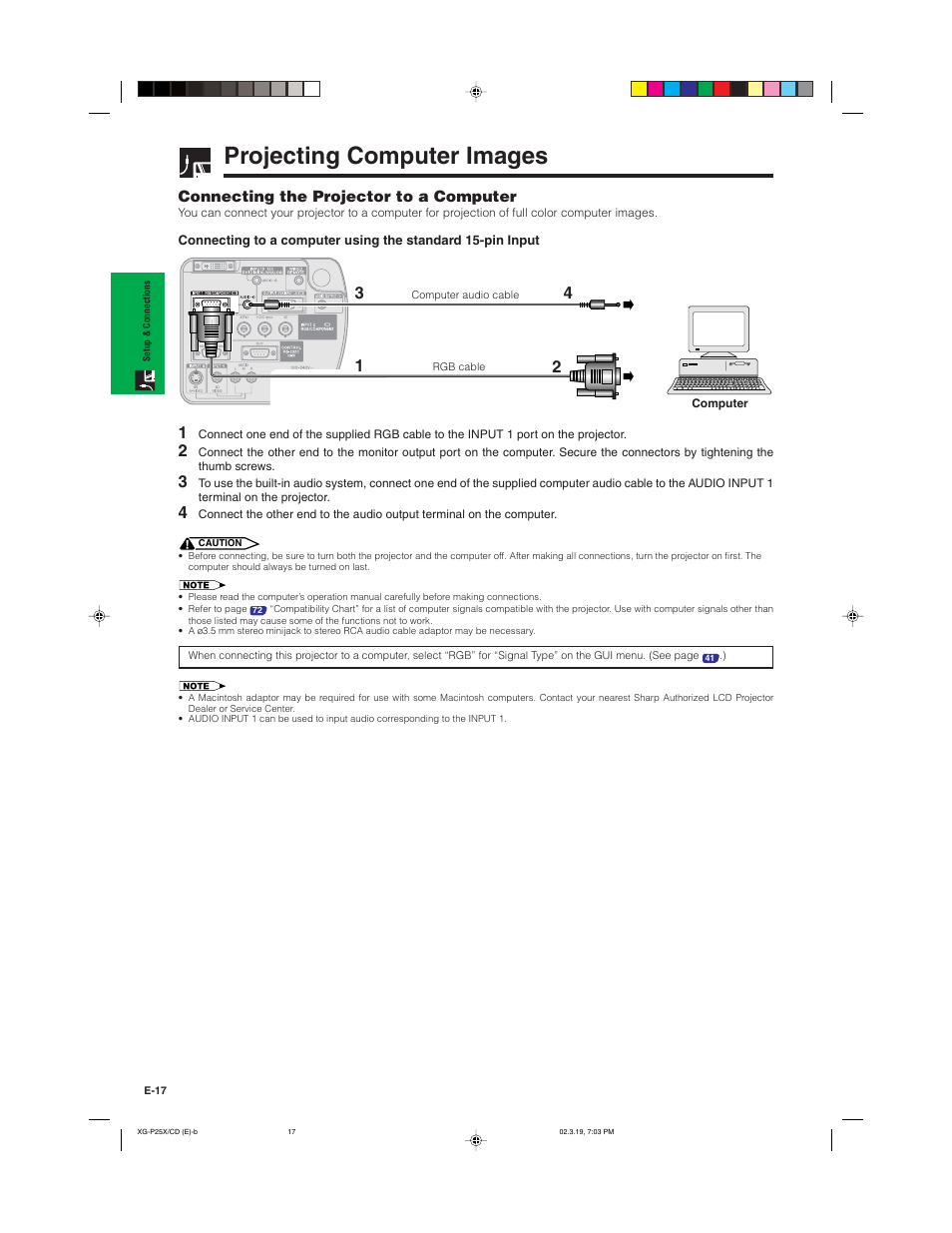 Projecting computer images, Connecting the projector to a computer | Sharp XG-P25X User Manual | Page 20 / 80