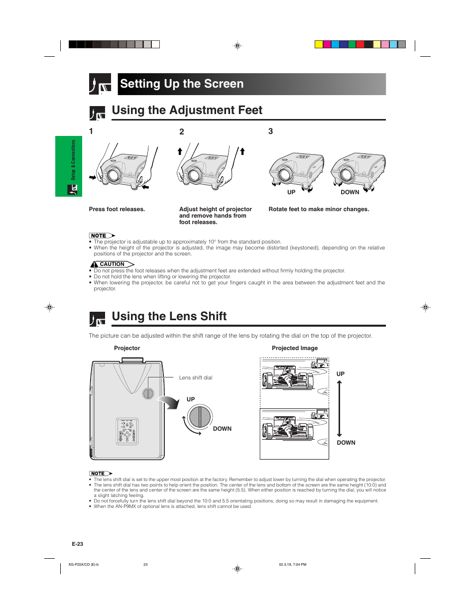 Setting up the screen, Using the adjustment feet, Using the lens shift | Sharp XG-P25X User Manual | Page 26 / 80