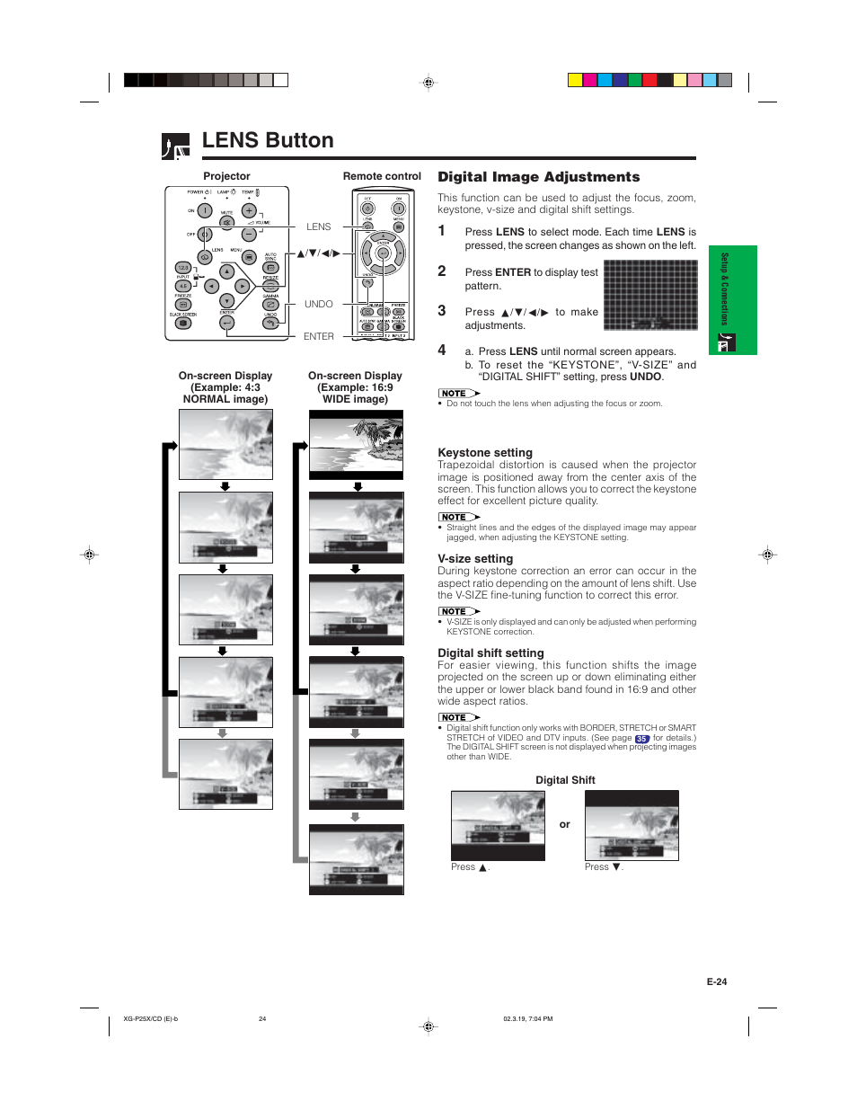 Lens button, Digital image adjustments | Sharp XG-P25X User Manual | Page 27 / 80