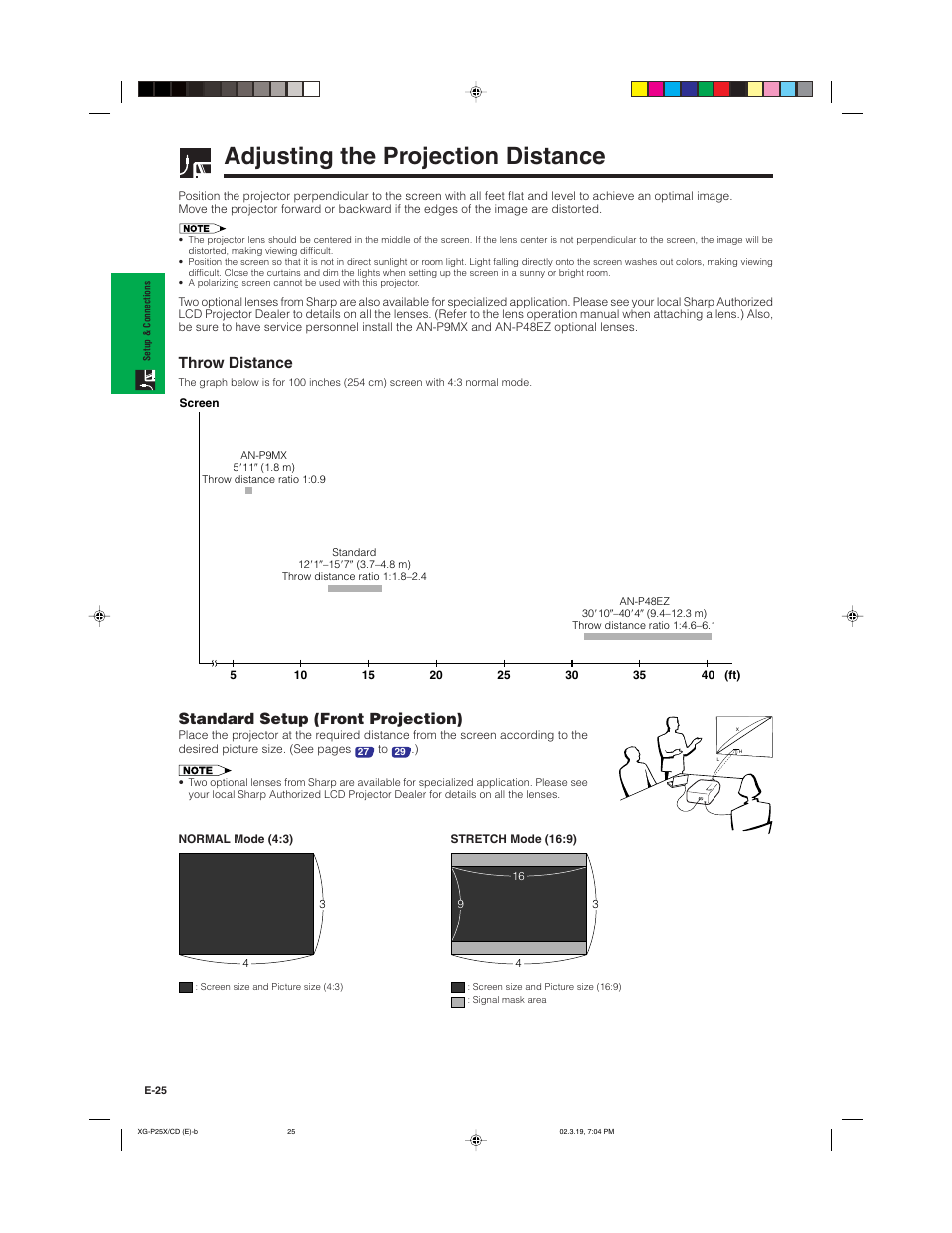 Adjusting the projection distance, Standard setup (front projection), Throw distance | Sharp XG-P25X User Manual | Page 28 / 80