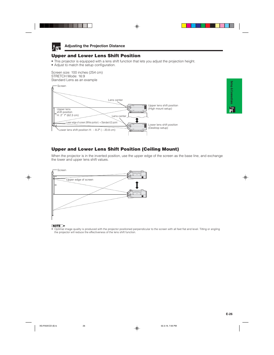 Upper and lower lens shift position, Adjusting the projection distance | Sharp XG-P25X User Manual | Page 29 / 80