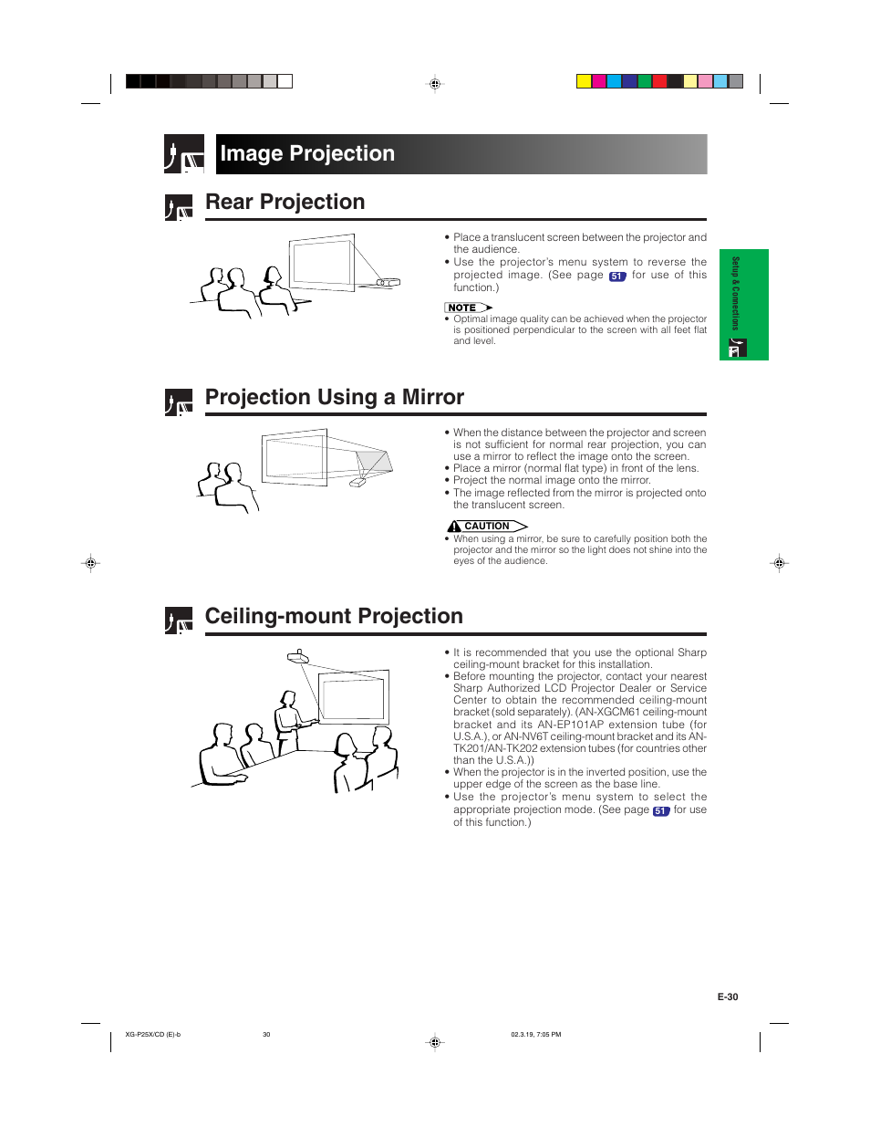 Rear projection, Projection using a mirror, Ceiling-mount projection image projection | Sharp XG-P25X User Manual | Page 33 / 80