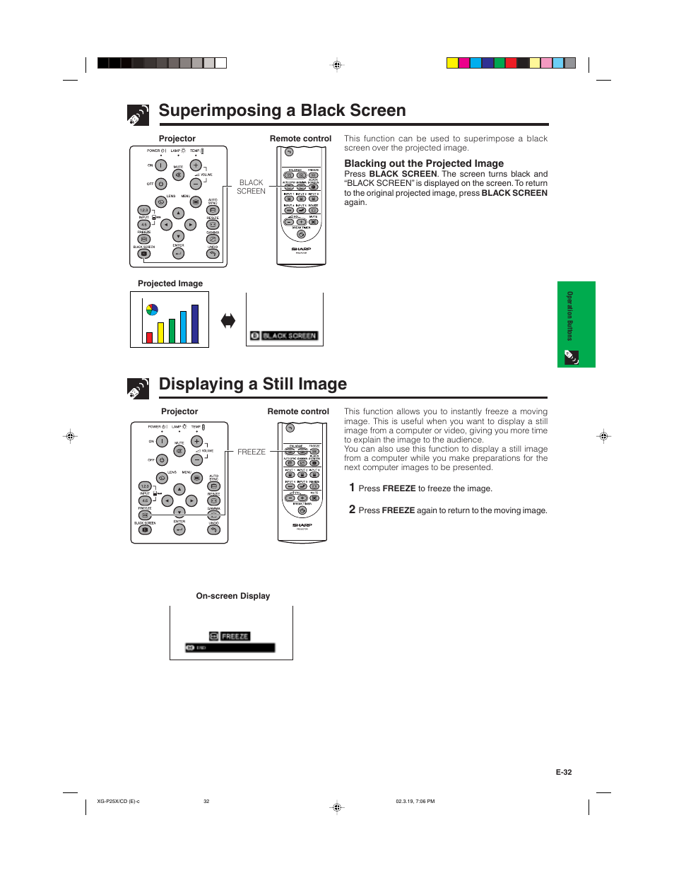 Superimposing a black screen, Sg displaying a still image | Sharp XG-P25X User Manual | Page 35 / 80