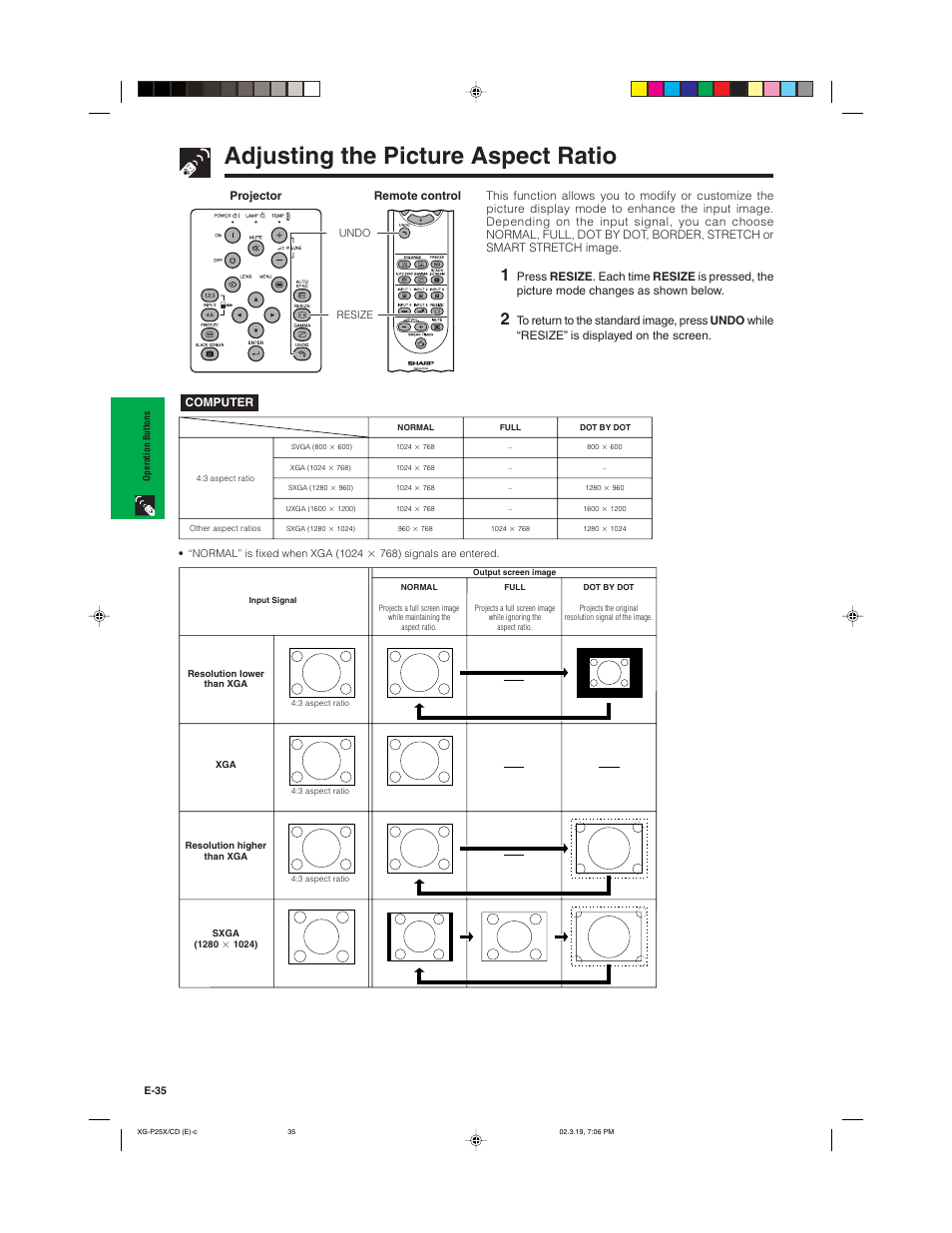 Adjusting the picture aspect ratio | Sharp XG-P25X User Manual | Page 38 / 80