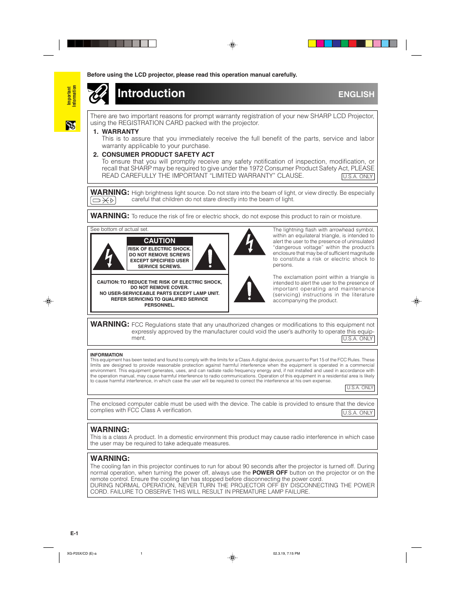 Introduction, English, Warning | Sharp XG-P25X User Manual | Page 4 / 80