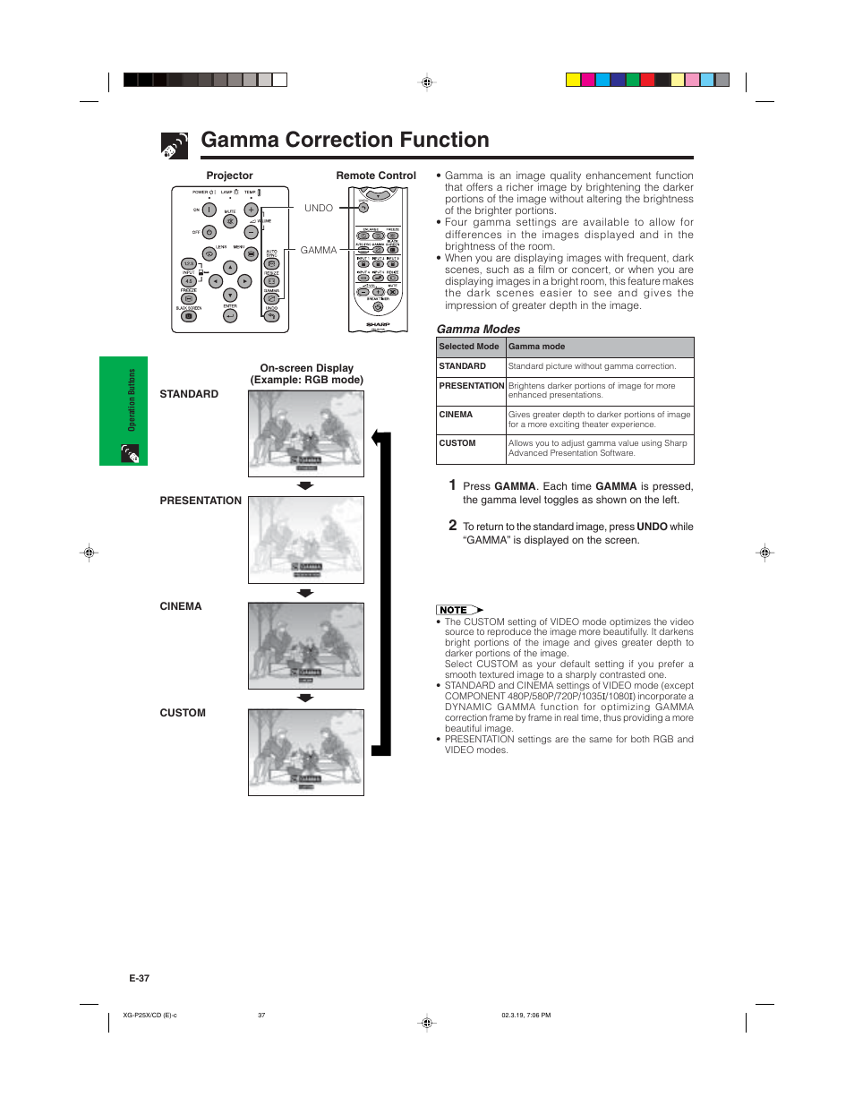 Gamma correction function, Ss s | Sharp XG-P25X User Manual | Page 40 / 80