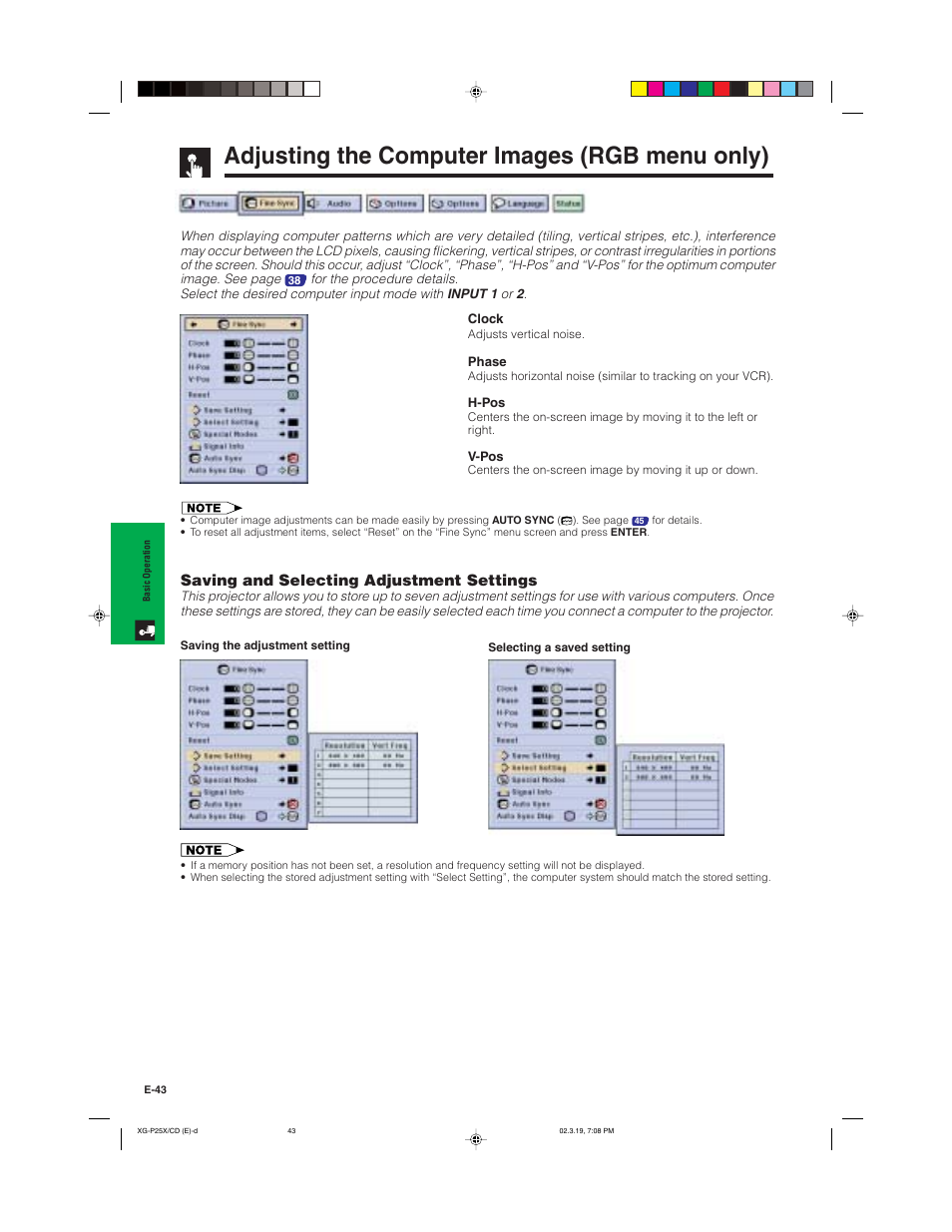 Adjusting the computer images (rgb menu only), Saving and selecting adjustment settings | Sharp XG-P25X User Manual | Page 46 / 80