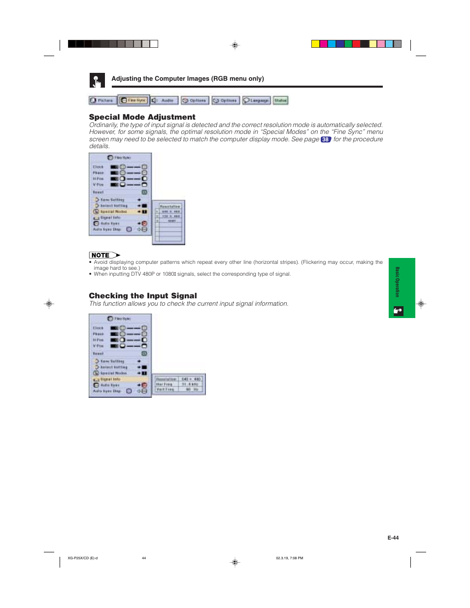 Special mode adjustment, Checking the input signal | Sharp XG-P25X User Manual | Page 47 / 80