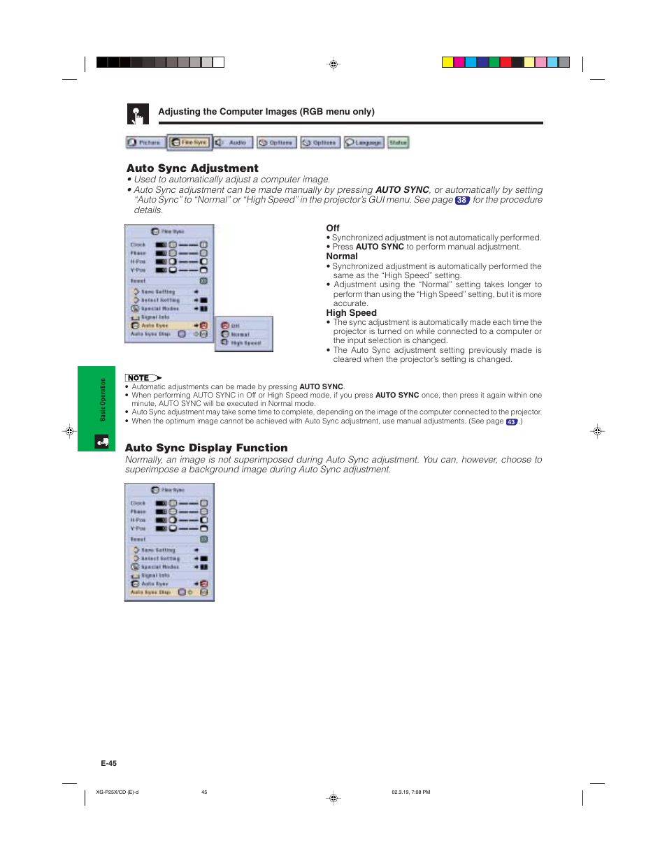 Auto sync adjustment, Auto sync display function | Sharp XG-P25X User Manual | Page 48 / 80