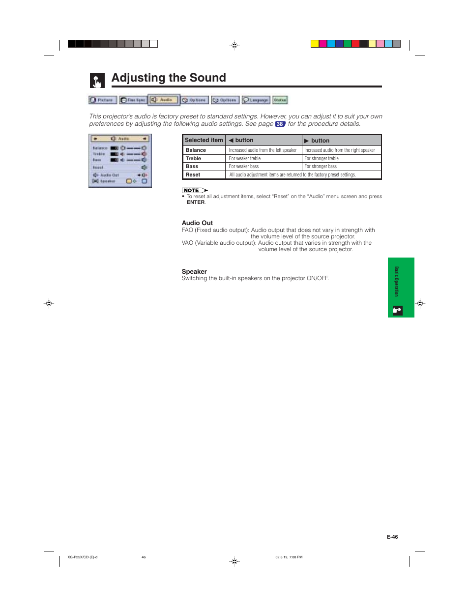 Adjusting the sound | Sharp XG-P25X User Manual | Page 49 / 80