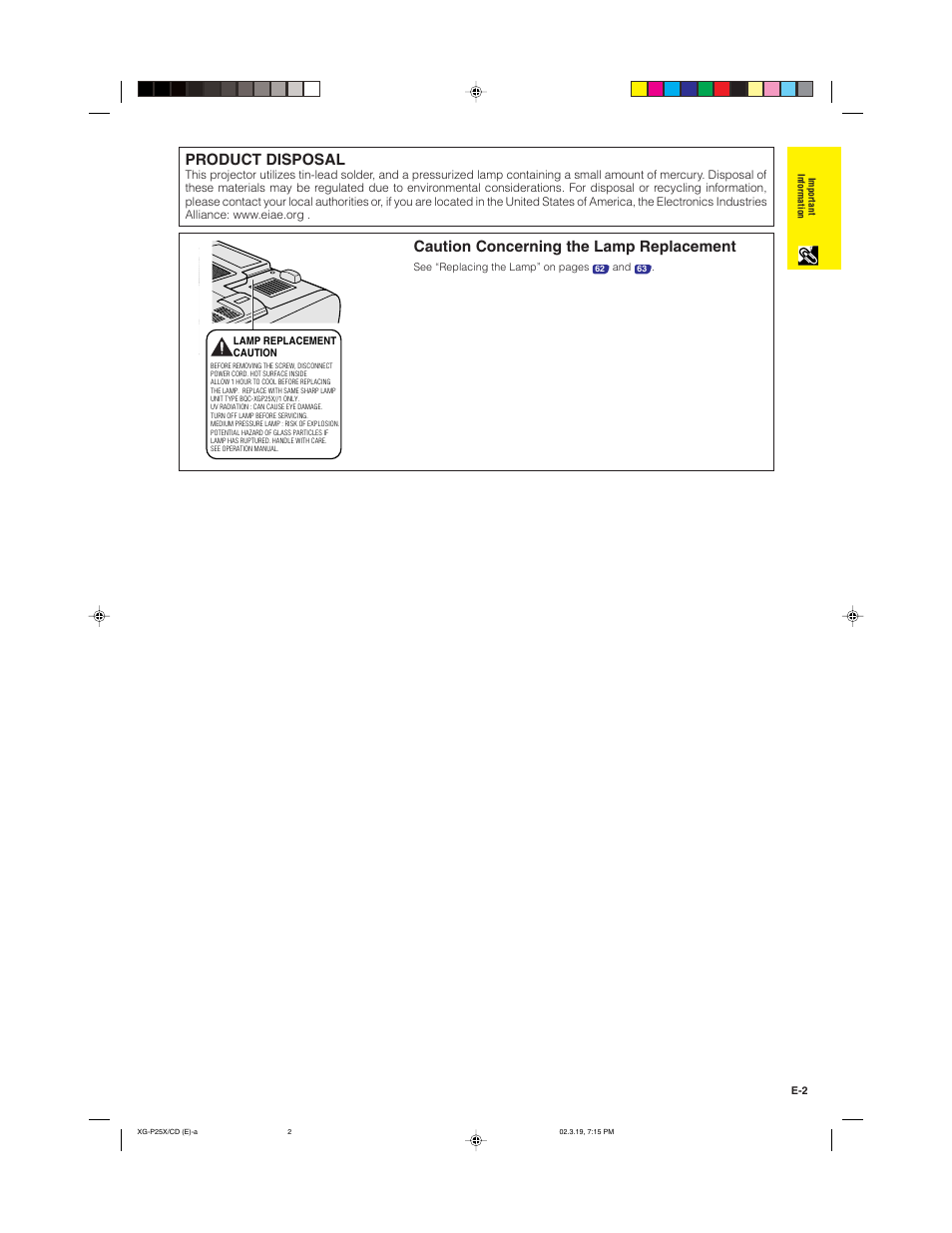 Product disposal, Caution concerning the lamp replacement | Sharp XG-P25X User Manual | Page 5 / 80
