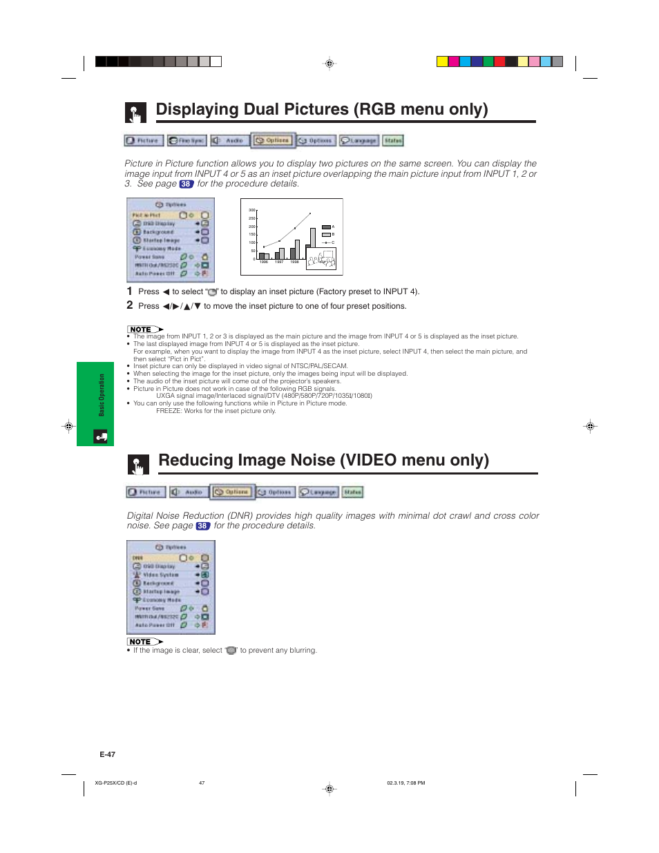 Displaying dual pictures (rgb menu only), Reducing image noise (video menu only), For the procedure details | Sharp XG-P25X User Manual | Page 50 / 80