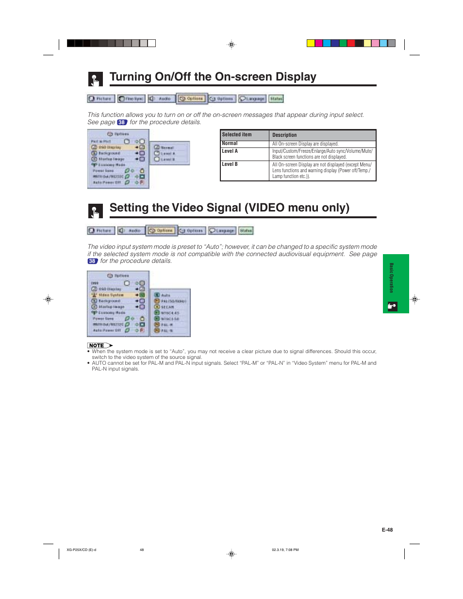Setting the video signal (video menu only), Turning on/off the on-screen display | Sharp XG-P25X User Manual | Page 51 / 80