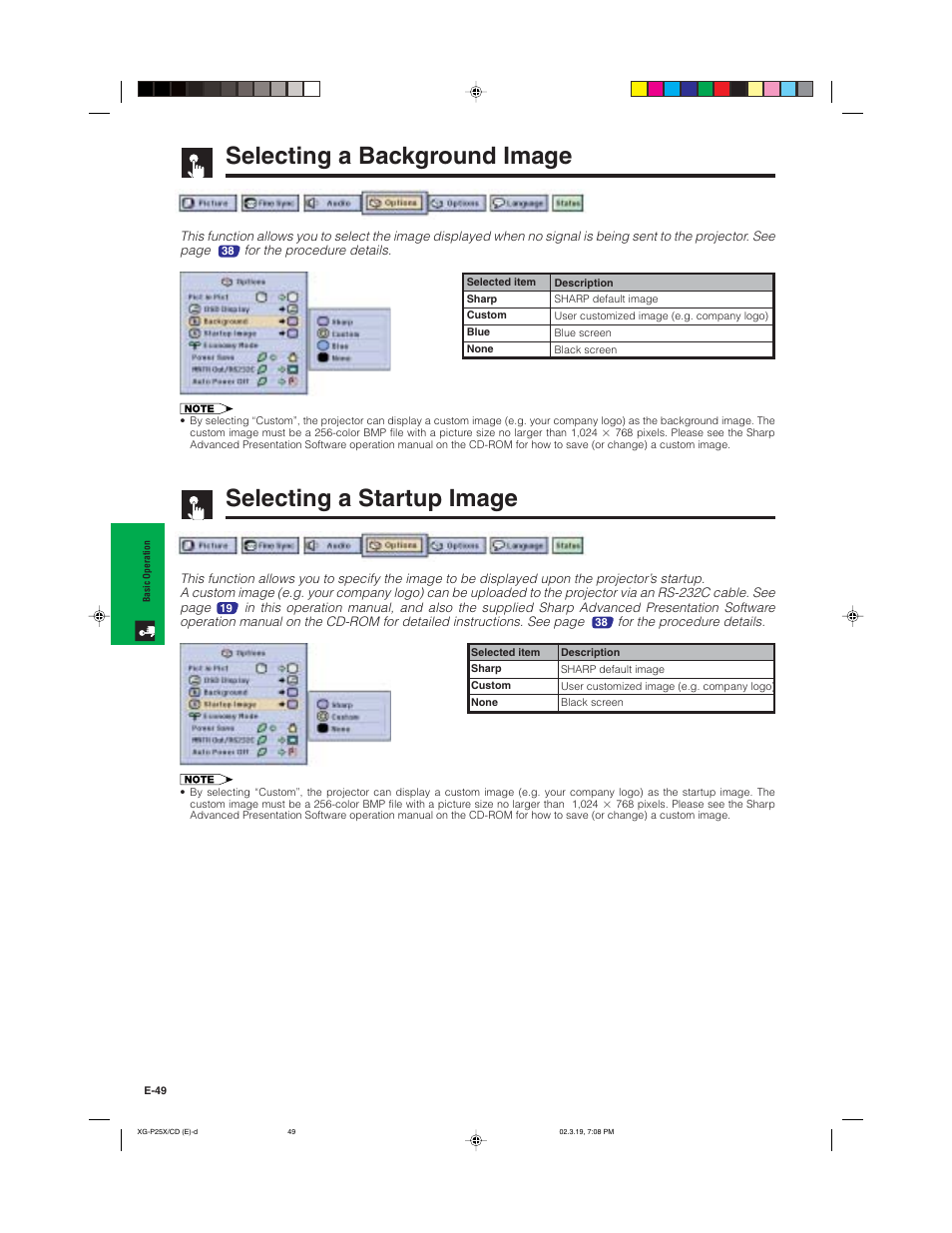 Selecting a background image, Selecting a startup image | Sharp XG-P25X User Manual | Page 52 / 80