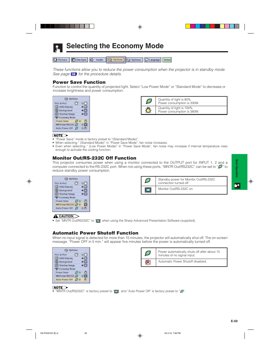 Selecting the economy mode, Power save function, Monitor out/rs-232c off function | Automatic power shutoff function | Sharp XG-P25X User Manual | Page 53 / 80