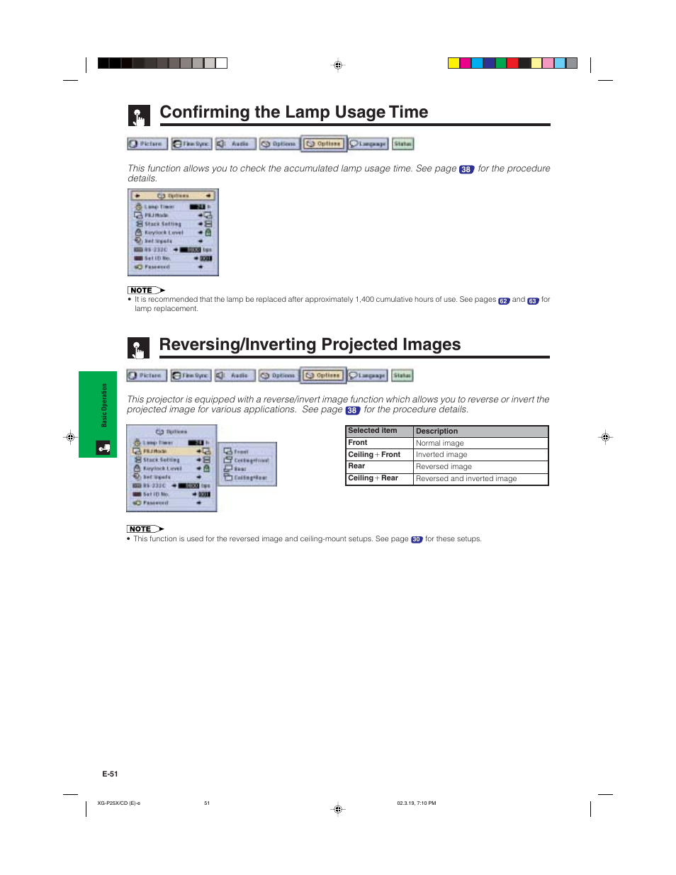 Confirming the lamp usage time, Reversing/inverting projected images | Sharp XG-P25X User Manual | Page 54 / 80