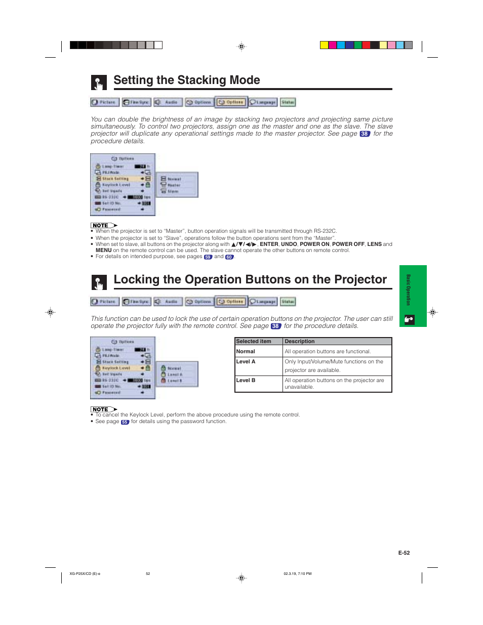 Setting the stacking mode, Locking the operation buttons on the projector | Sharp XG-P25X User Manual | Page 55 / 80