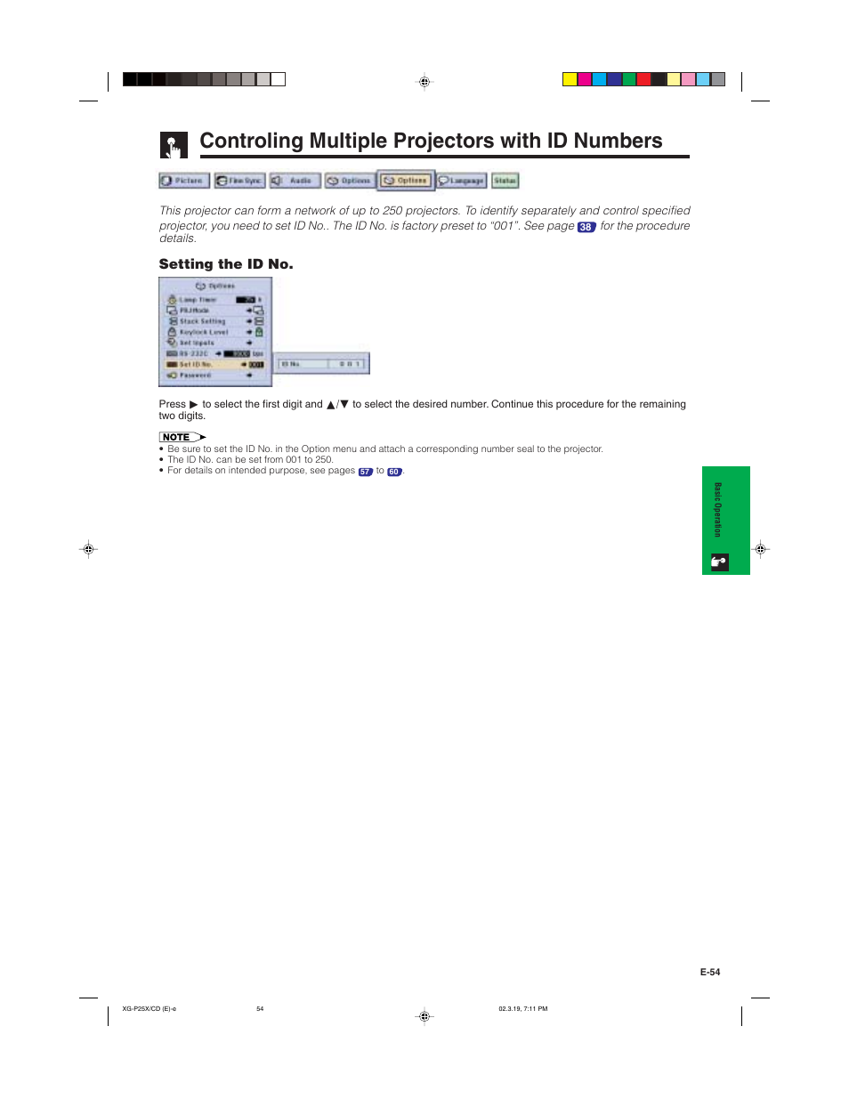 Controling multiple projectors with id numbers, Setting the id no | Sharp XG-P25X User Manual | Page 57 / 80