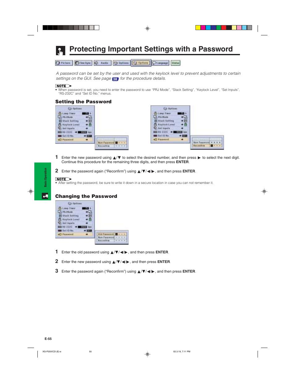 Protecting important settings with a password | Sharp XG-P25X User Manual | Page 58 / 80