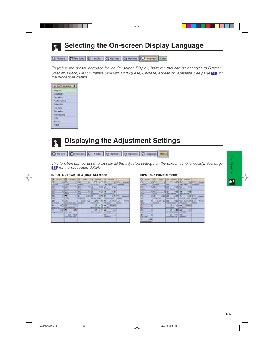 Selecting the on-screen display language, Displaying the adjustment settings | Sharp XG-P25X User Manual | Page 59 / 80