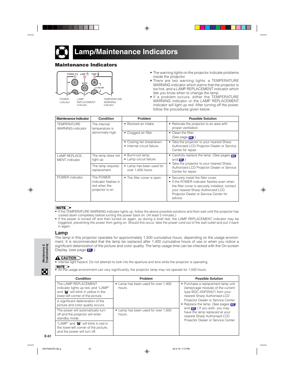 Lamp/maintenance indicators, Maintenance indicators, Lamp | Sharp XG-P25X User Manual | Page 64 / 80