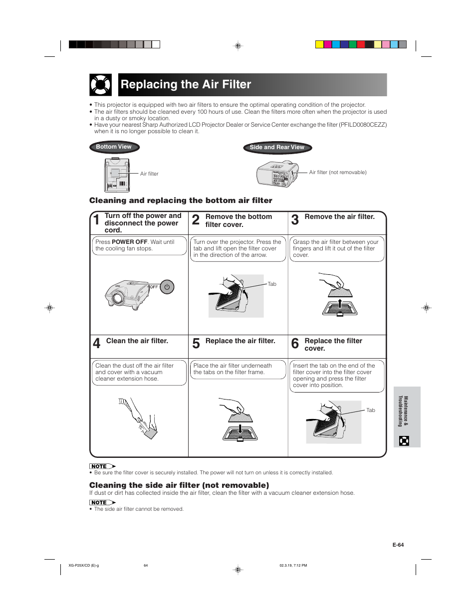 Replacing the air filter | Sharp XG-P25X User Manual | Page 67 / 80