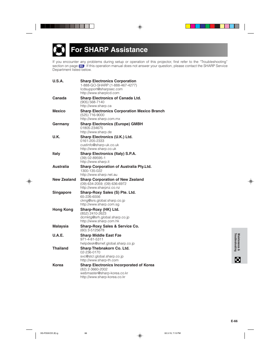 For sharp assistance | Sharp XG-P25X User Manual | Page 69 / 80