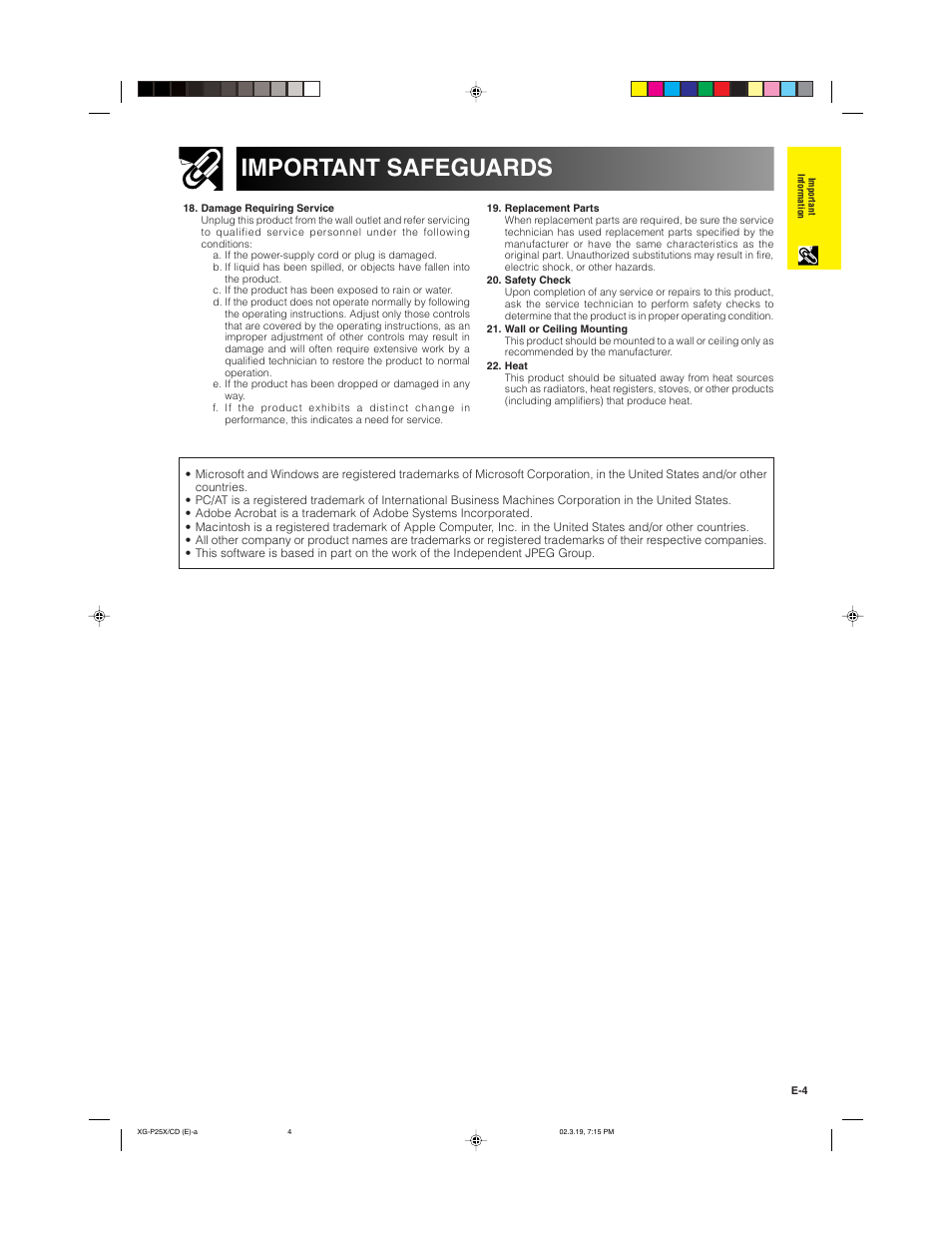 Important safeguards | Sharp XG-P25X User Manual | Page 7 / 80