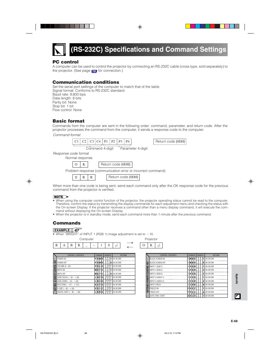 Rs-232c) specifications and command settings, Commands, Pc control | Communication conditions, Basic format, Response code format, Command format | Sharp XG-P25X User Manual | Page 71 / 80