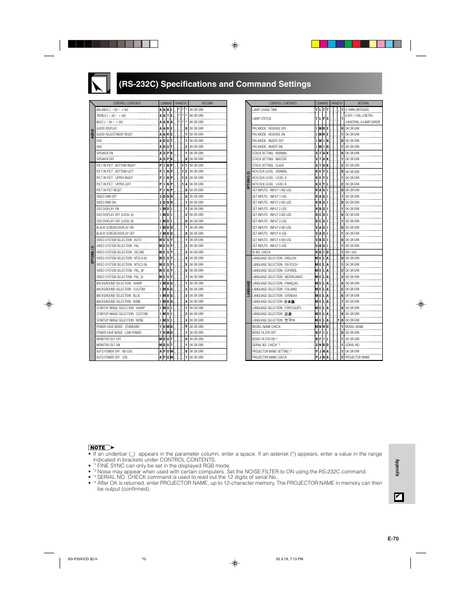 Rs-232c) specifications and command settings | Sharp XG-P25X User Manual | Page 73 / 80