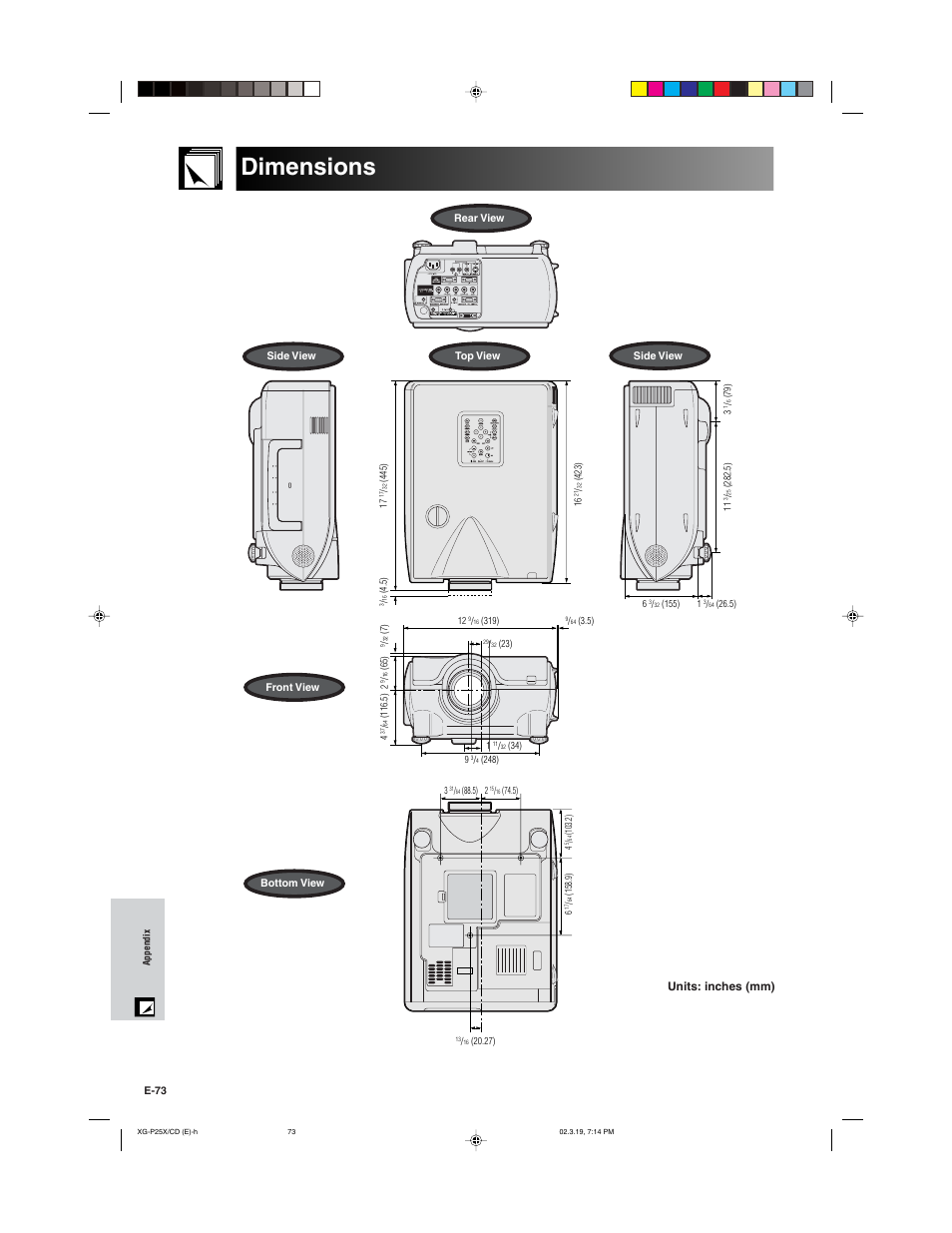 Dimensions | Sharp XG-P25X User Manual | Page 76 / 80