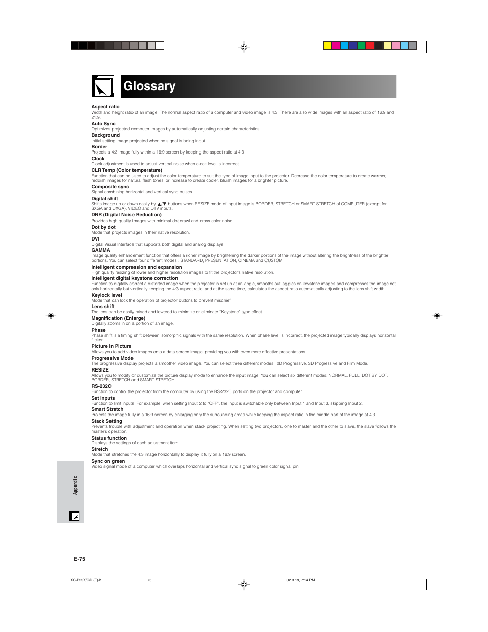 Glossary | Sharp XG-P25X User Manual | Page 78 / 80