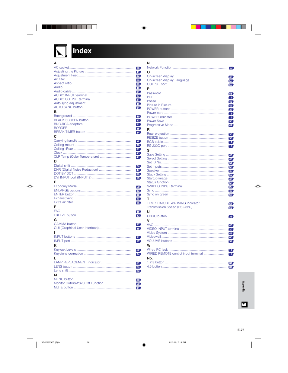 Index | Sharp XG-P25X User Manual | Page 79 / 80