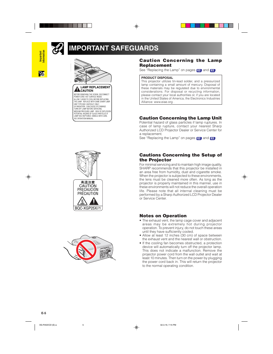 Important safeguards, Caution concerning the lamp replacement, Cautions concerning the setup of the projector | Caution concerning the lamp unit | Sharp XG-P25X User Manual | Page 8 / 80