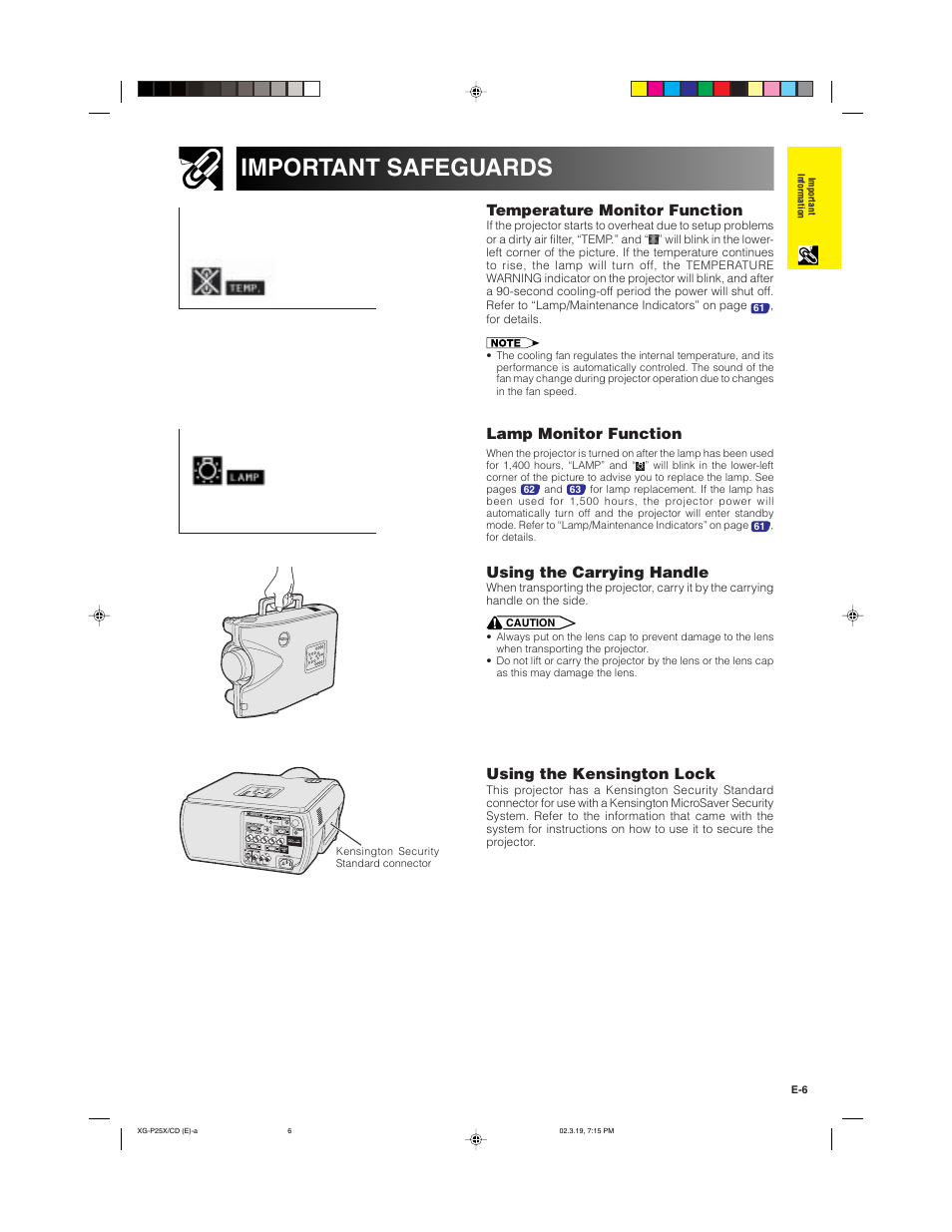 Important safeguards, Temperature monitor function, Lamp monitor function | Using the carrying handle, Using the kensington lock | Sharp XG-P25X User Manual | Page 9 / 80