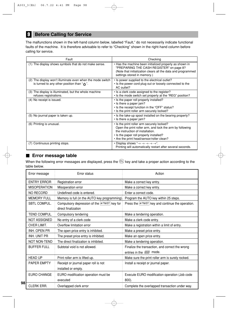 Error message table, Before calling for service | Sharp XE-A303 User Manual | Page 100 / 104