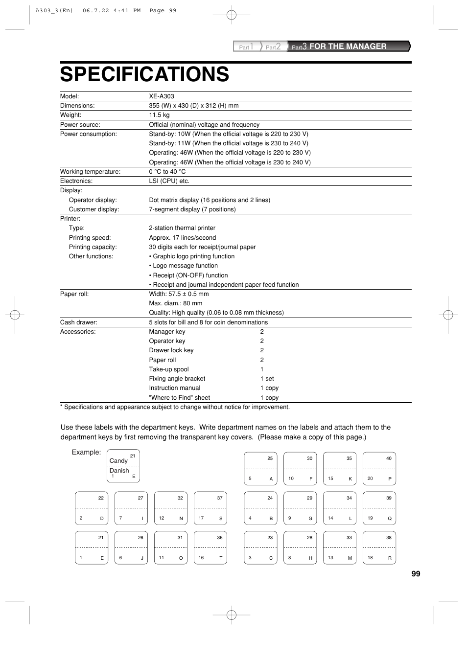 Specifications, For the manager | Sharp XE-A303 User Manual | Page 101 / 104