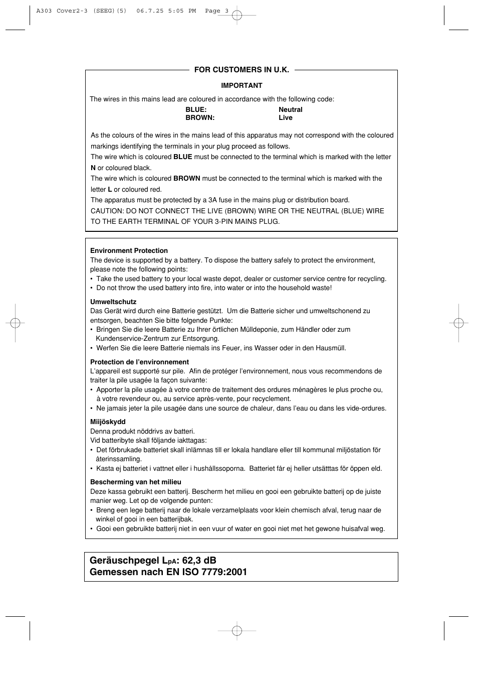 Geräuschpegel l | Sharp XE-A303 User Manual | Page 103 / 104