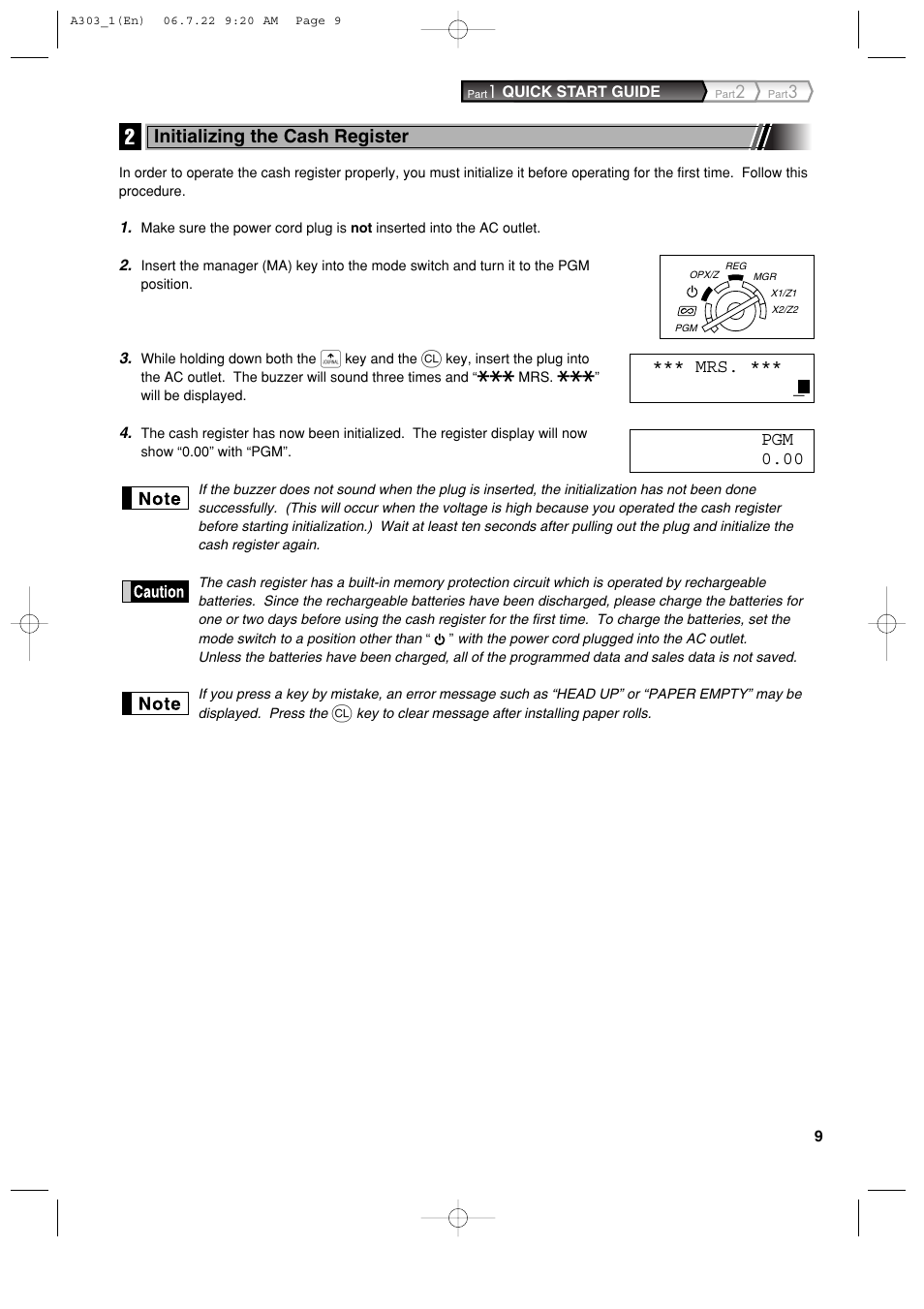 Initializing the cash register, Pgm 0.00 *** mrs | Sharp XE-A303 User Manual | Page 11 / 104