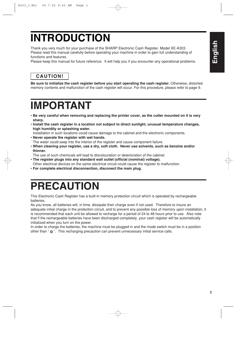 Introduction, Important, Precaution | English | Sharp XE-A303 User Manual | Page 3 / 104