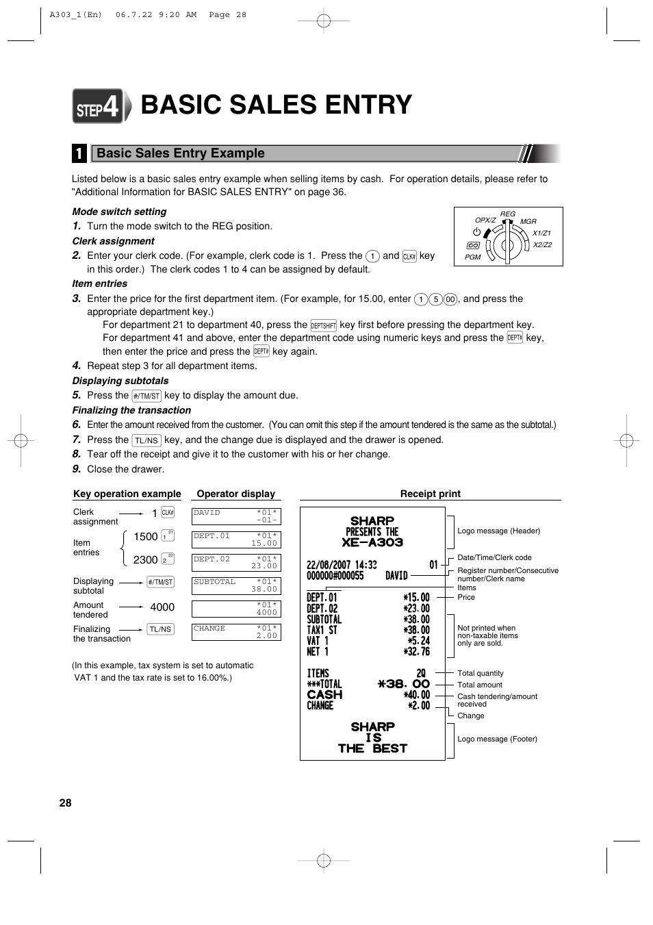 Basic sales entry, Step, Basic sales entry example | Sharp XE-A303 User Manual | Page 30 / 104