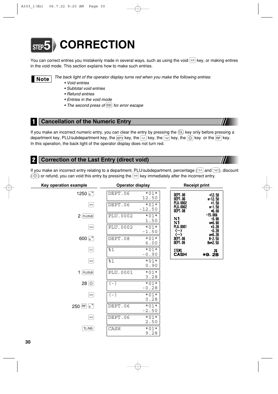 Correction, Step | Sharp XE-A303 User Manual | Page 32 / 104