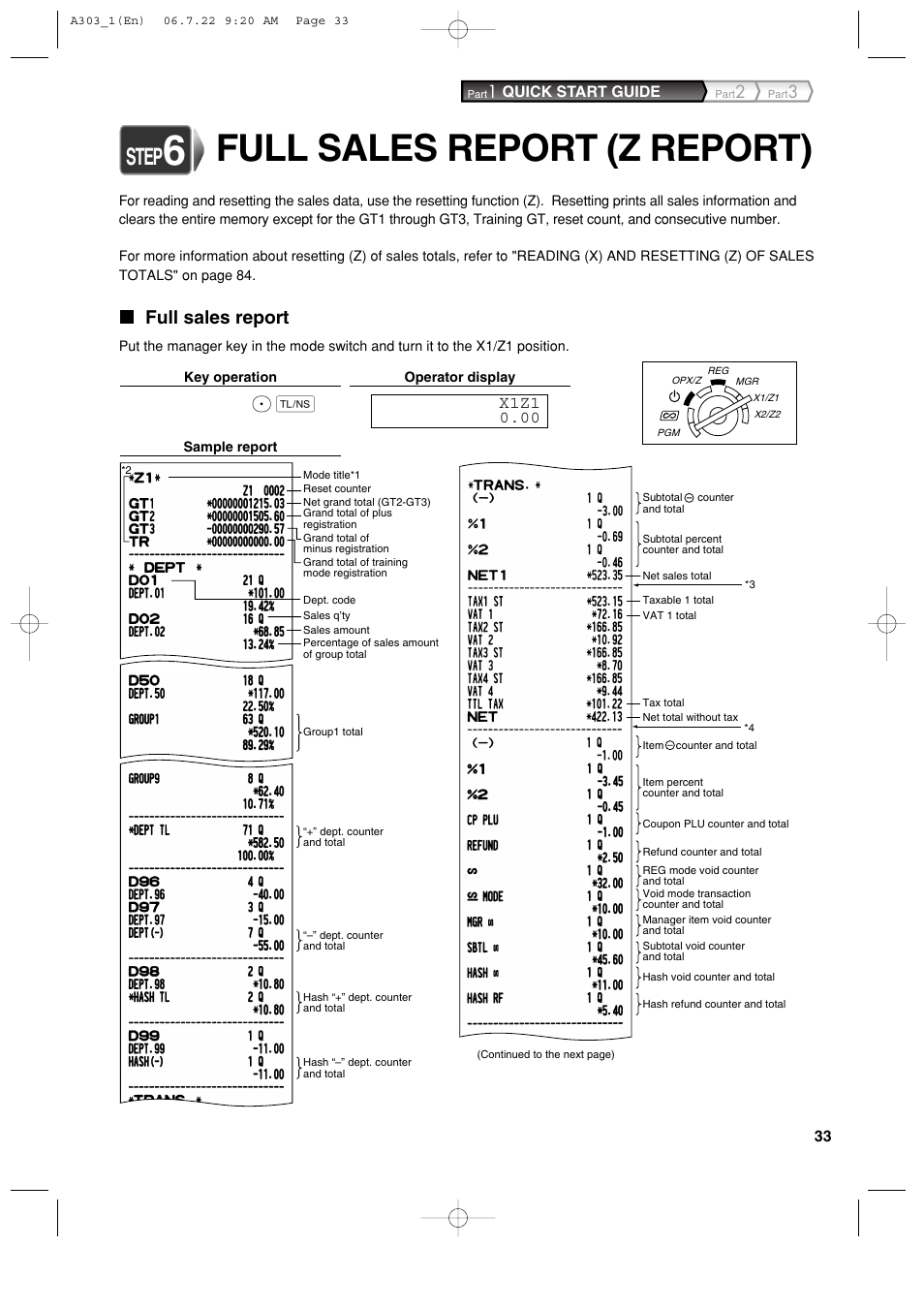 Full sales report (z report), Step, Full sales report | Sharp XE-A303 User Manual | Page 35 / 104